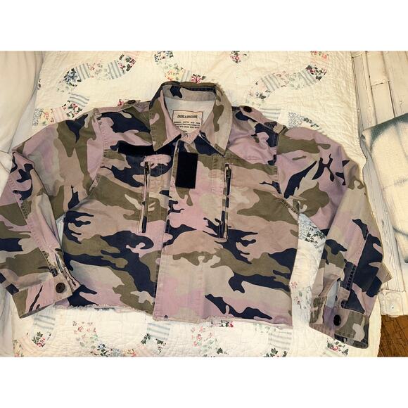 ZADIG & VOLTAIRE LAVENDER MAUVE & BLUE CAMO CAMOUFLAGE CROP JACKET - Picture 4 of 7